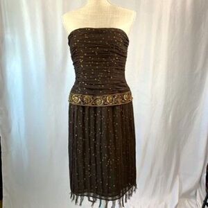Kay Unger Dress Strapless Ruched Beaded Corset Vintage Style Women 6 Brown Gold